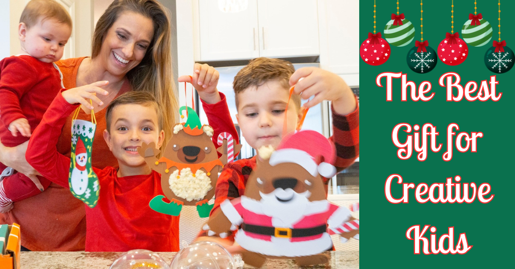 Kids crafting together using a We Craft Box subscription kit with all supplies included, creating a fun screen-free project as a family gift activity.