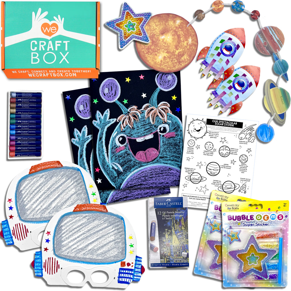 Space Craft Box includes assorted craft supplies including coloring pages, bubble gems, and space-themed crafts for kids.