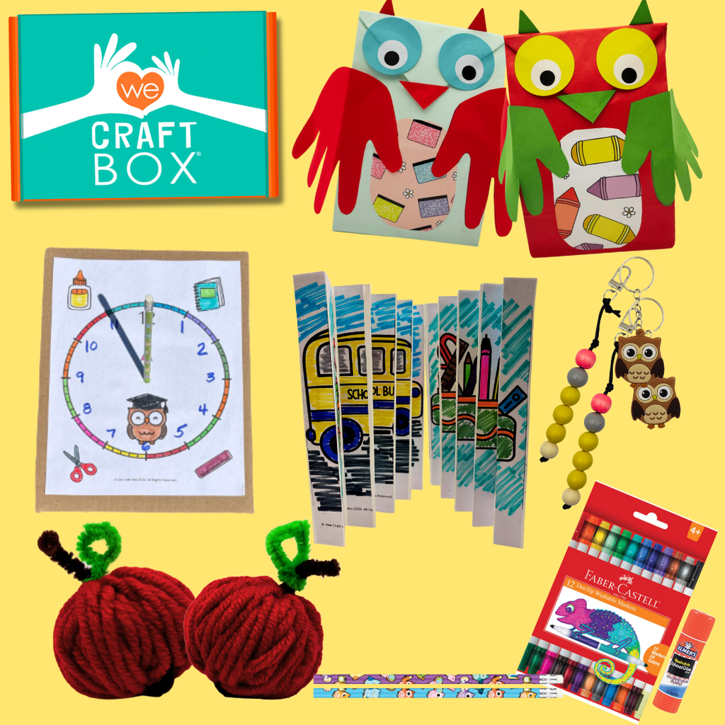 Back-to-School Owl Adventure craft box for kids featuring owl, apple, keychain, sundial, school bus and time capsule crafts