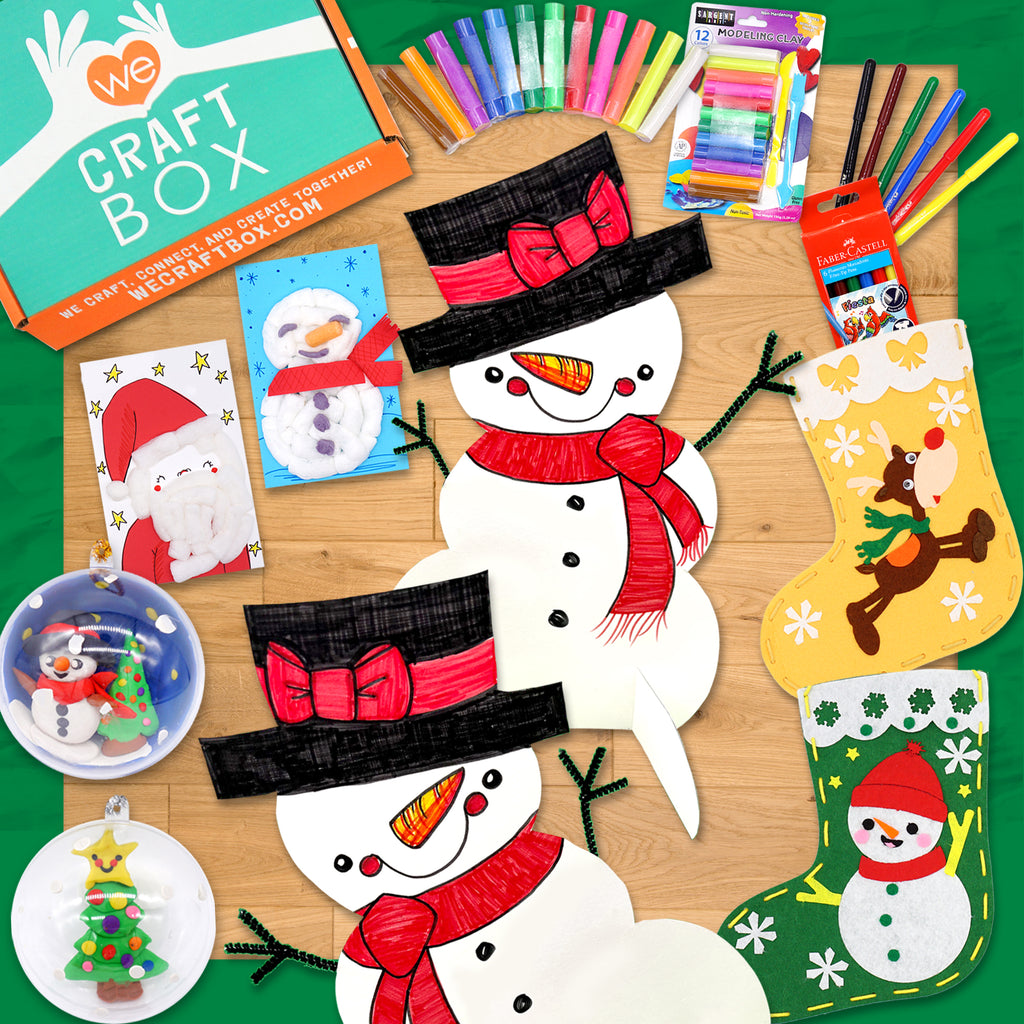 Christmas-themed craft kit for kids featuring felt stockings, clay globe ornaments, DIY snowmen, handmade holiday cards, and reindeer mini sculpts.