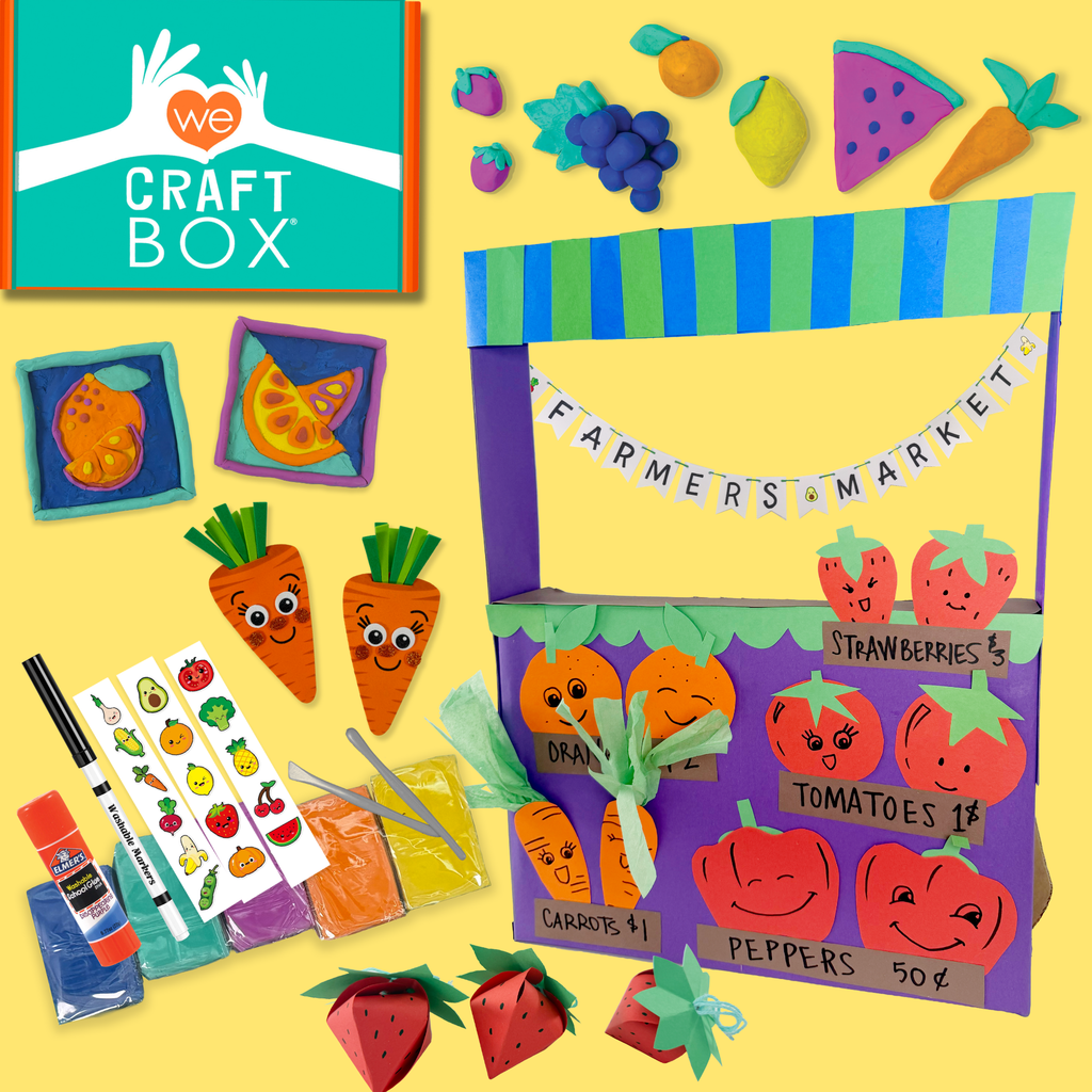 Fantastic & Fresh Farmer’s Market craft box for kids showing clay, canvases, banner materials, paper strawberries, carrot crafts, and DIY market stand supplies