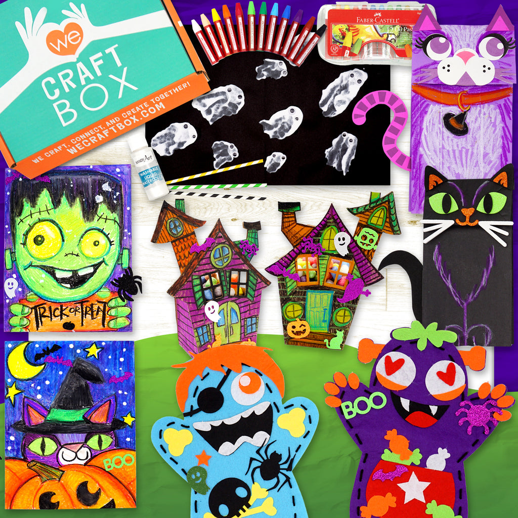 Halloween Hijinx Kids Craft Box with DIY monster puppets, haunted house boxes, ghost crafts, and paper bag cats for fun Halloween crafting.