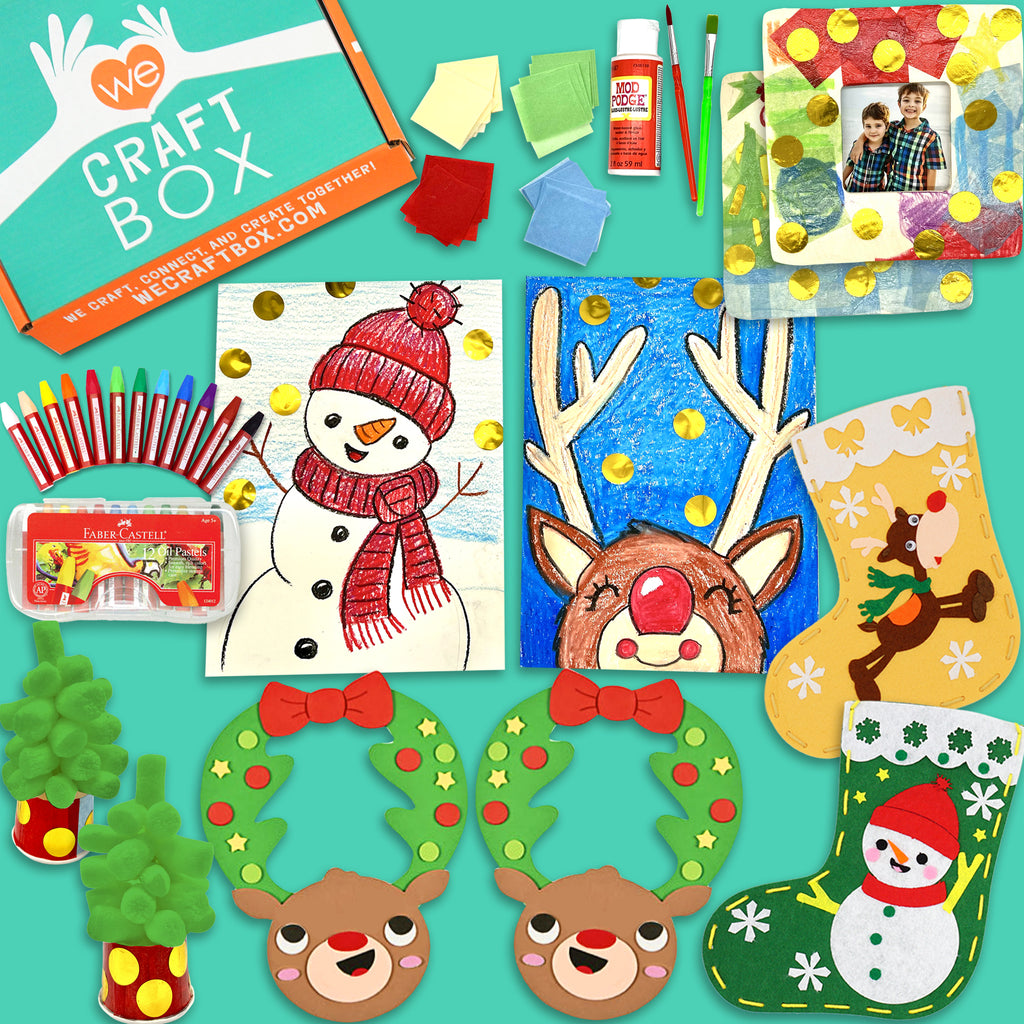 Kid’s Christmas Craft Kit – Holiday-themed craft supplies including wooden picture frames, reindeer wreaths, felt stockings, guided drawings, and DIY trees.