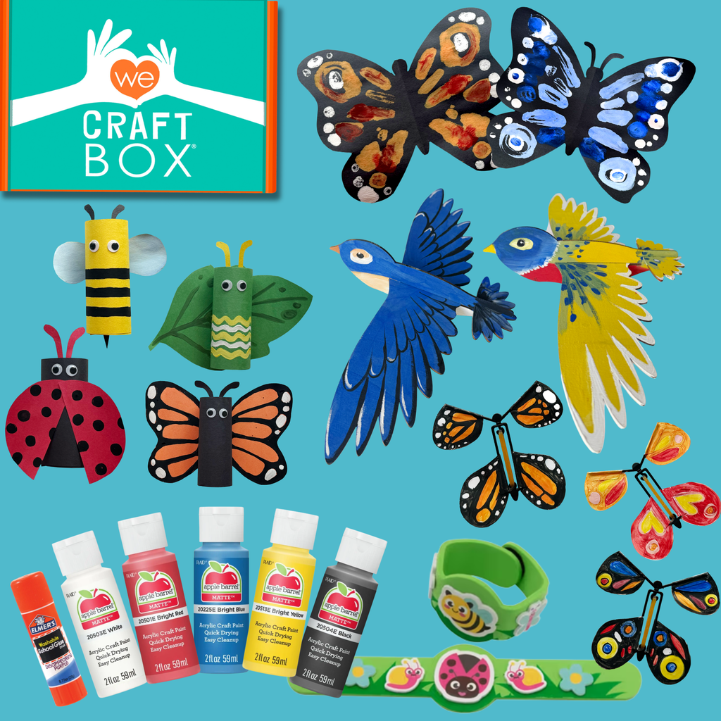Kids pollinator craft box featuring butterfly, bee, ladybug, bird, and caterpillar themed craft projects and art supplies.