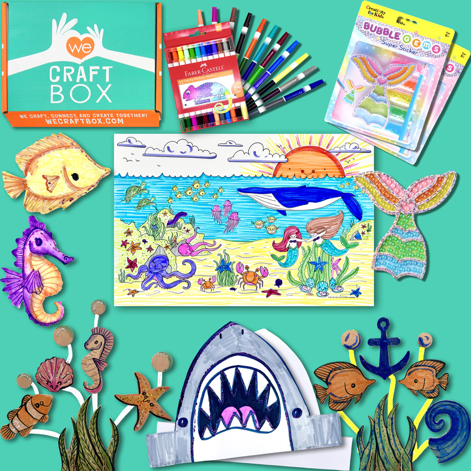 Underwater-themed craft set with coloring pages, stickers, and craft supplies on a teal background.