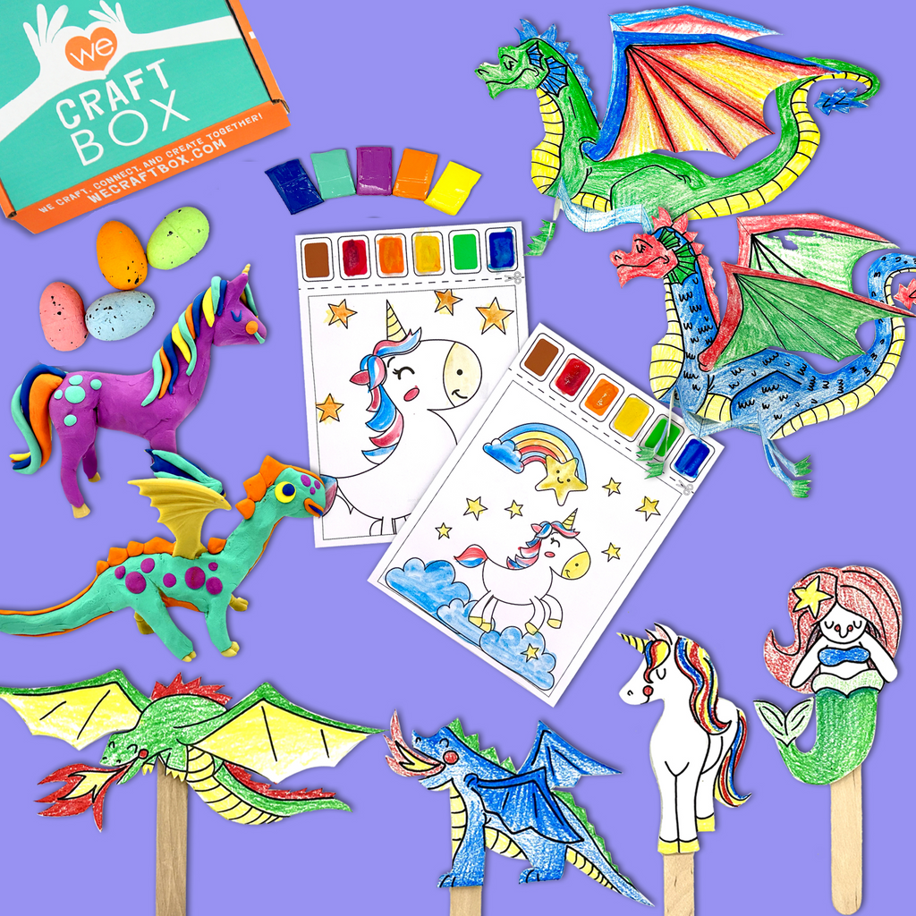 A colorful display of the Mythical Creatures Craft Kit contents, including dragon, unicorn, and mermaid-themed craft projects, paint, markers, and other crafting materials for kids.