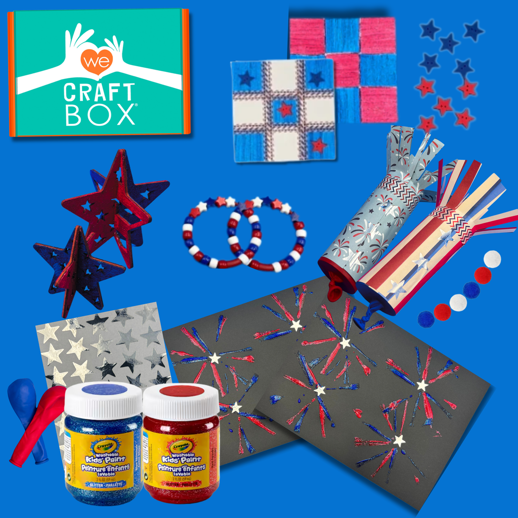 Children’s Stars, Stripes & Sparkles craft box featuring six patriotic-themed craft projects including wooden stars, fireworks painting, tic-tac-toe game, pony bead bracelet, USA map activity, and craft tube poppers.