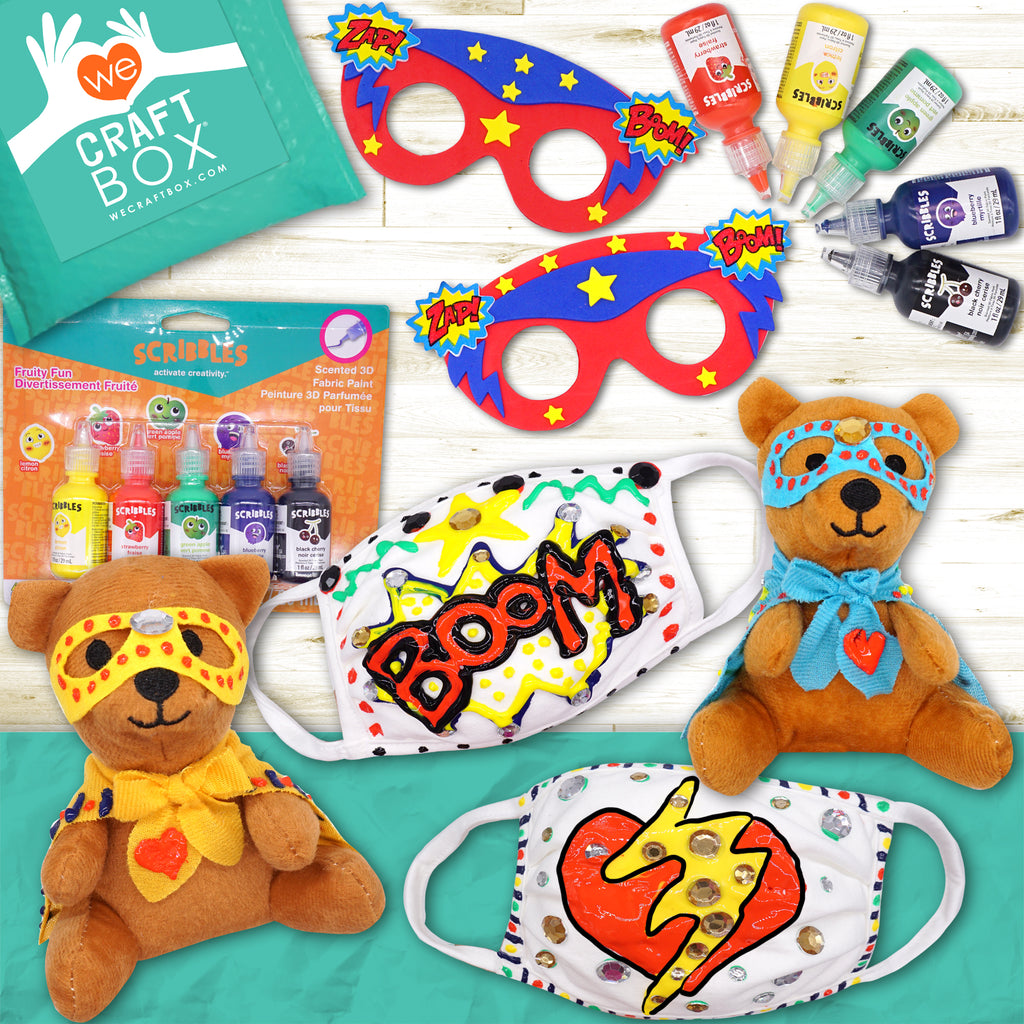 Superhero Face Painting & DIY Mask Kit for Kids – Includes masks, superhero glasses, bears, fabric paint, and gemstones.