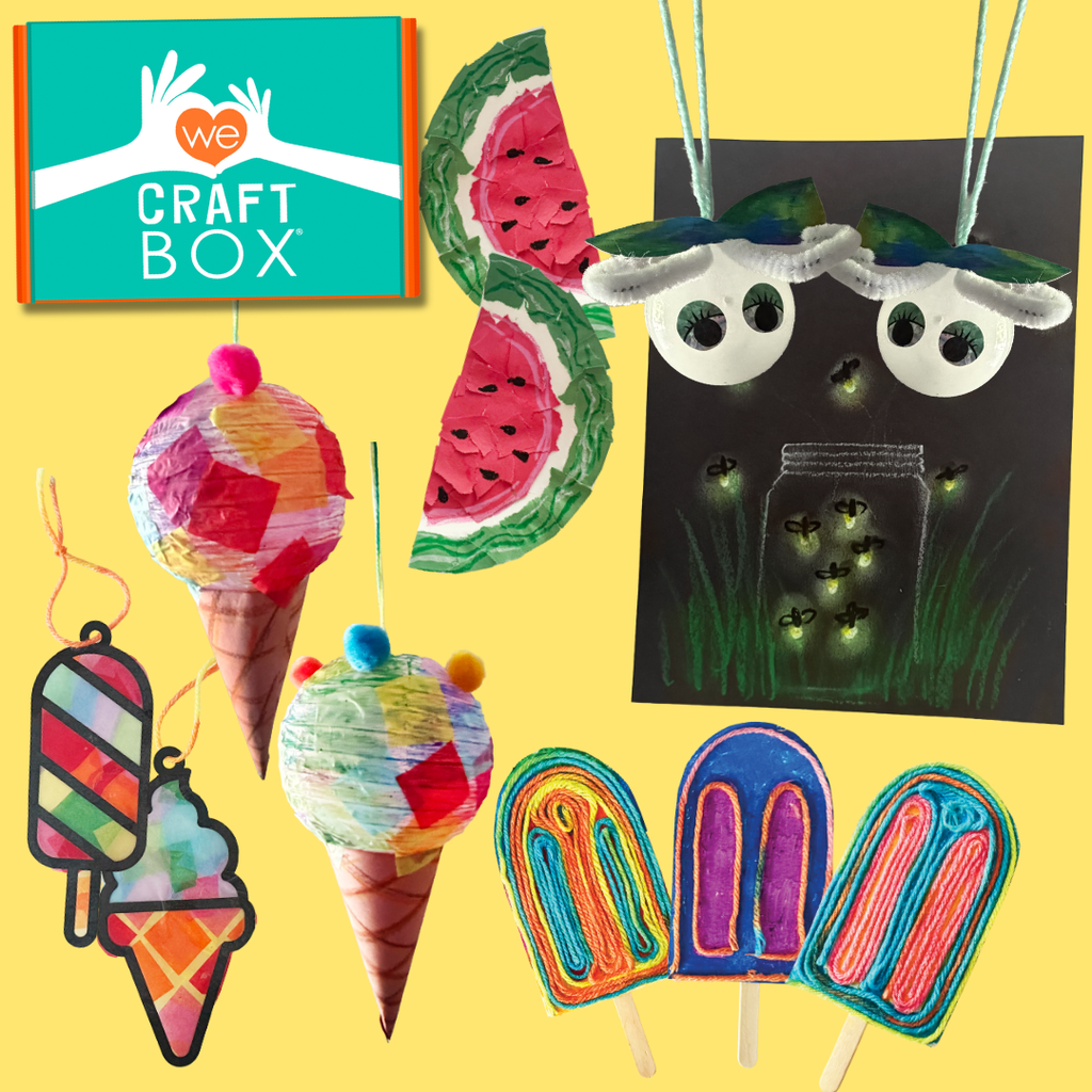 We Craft Box Sweet Summer Firefly Festival craft kit featuring the craft box and six completed summer-themed projects for kids ages 3–9.