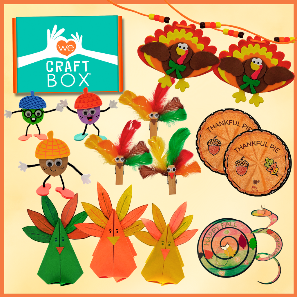 We Craft Box Turkey Trot fall craft kit featuring six creative Thanksgiving and autumn projects for kids ages 3–9.