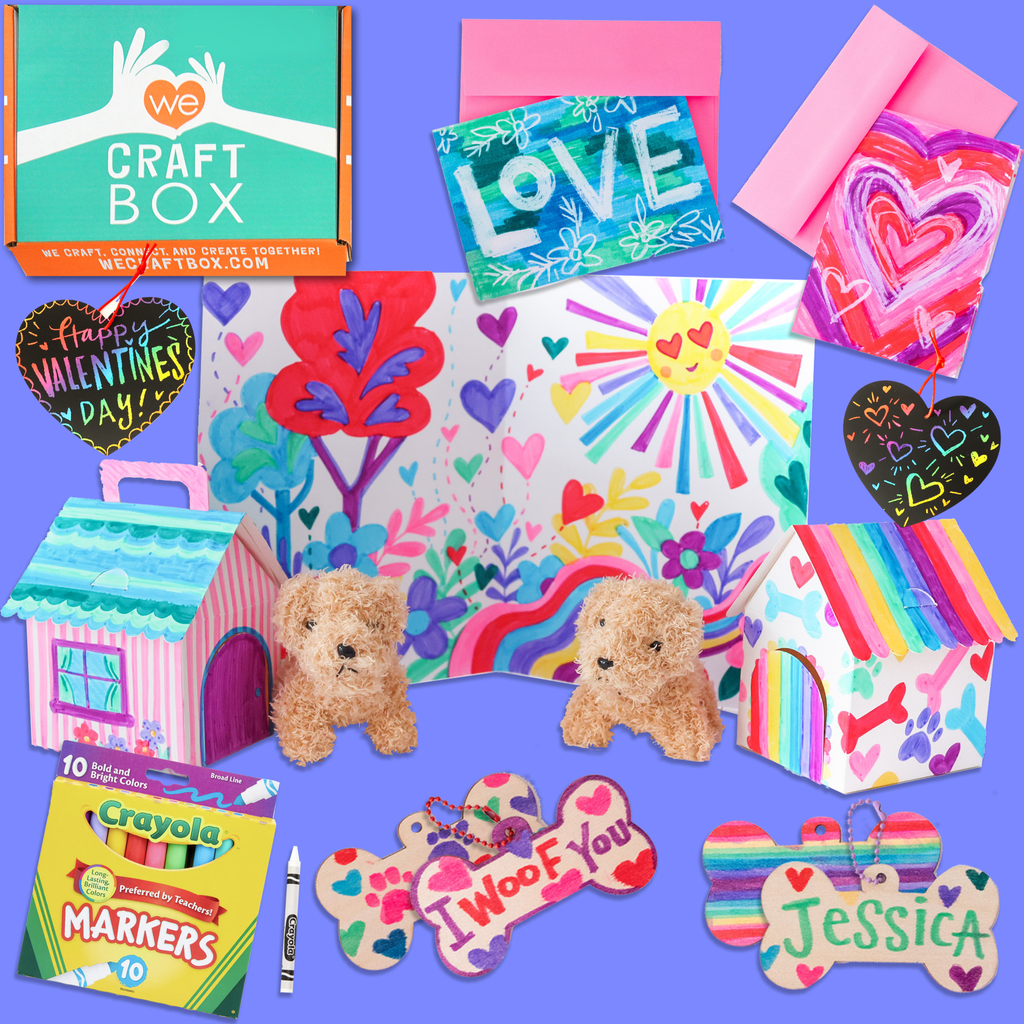 Colorful craft materials including a 'Craft Box', markers, 2 plush puppy dogs, and decorative signs on a blue background.