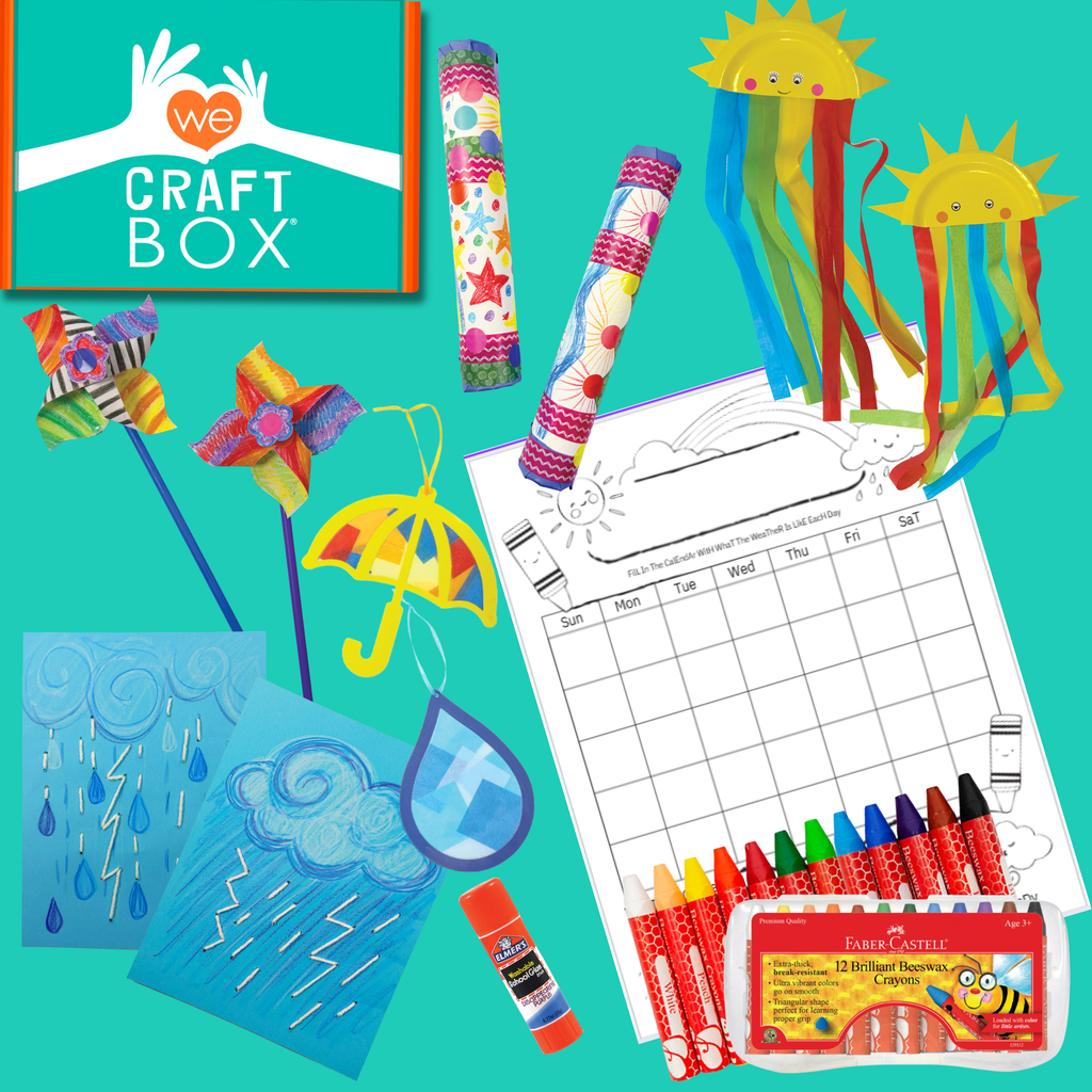 Weather craft kit for kids featuring rain stick, sunshine craft, pinwheel, cloud stitching art, and suncatchers from We Craft Box.
